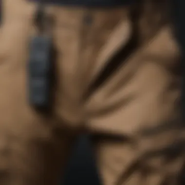 A close-up view of drop crotch cargo pants showcasing unique design elements