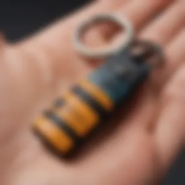 Close-up of a unique handcrafted keychain made from eco-friendly materials