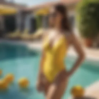 A woman enjoying a sunny day in a lemon-themed swim suit by the pool