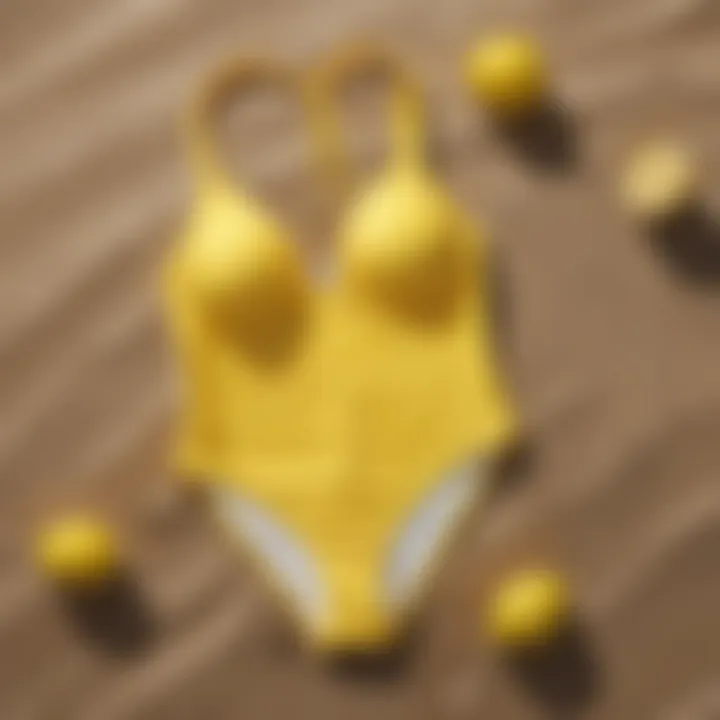 A vibrant lemon-patterned swim suit displayed on a sandy beach