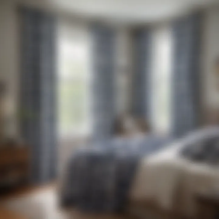 A serene bedroom showcasing blue and white buffalo check curtains in a cozy atmosphere.