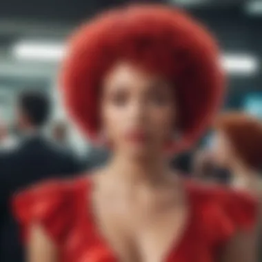 A fashion model confidently wearing a red afro wig at an event.