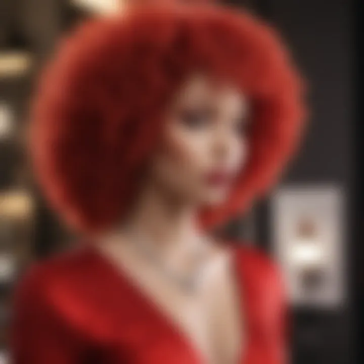 A vibrant red afro wig displayed elegantly on a mannequin.