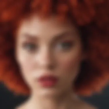 A close-up of a red afro wig highlighting its texture and color.