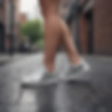 Urban Showcase of Sparkly Tennis Shoes Model showcasing silver sparkly tennis shoes in an urban setting