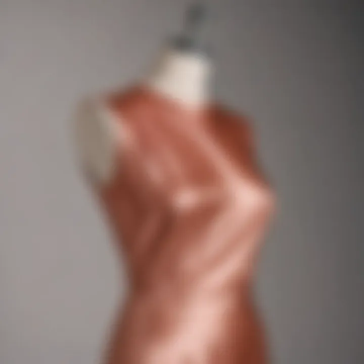 Elegant display of a rose gold silky dress on a mannequin.