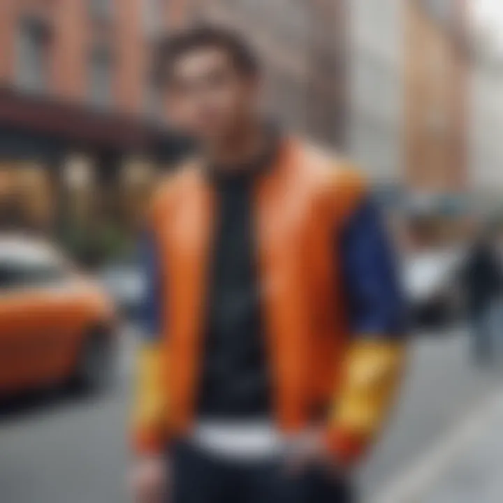 Stylish colorblock jacket showcased in an urban setting
