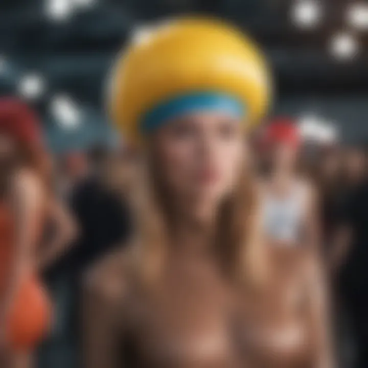 Fashion model wearing an inflatable hat at a contemporary fashion show.