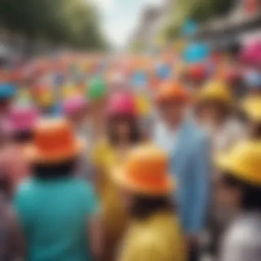 Group of diverse individuals enjoying an outdoor event while wearing colorful inflatable hats.