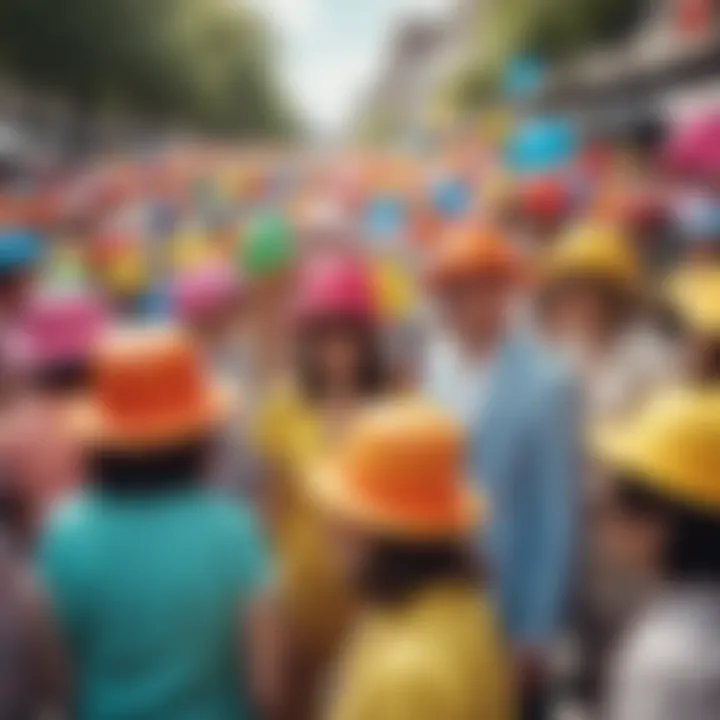 Group of diverse individuals enjoying an outdoor event while wearing colorful inflatable hats.