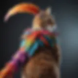 A whimsical cat tail costume adorned with colorful feathers.