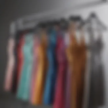 A stylish arrangement showcasing various color options of metallic halter mini dresses on a clothing rack.