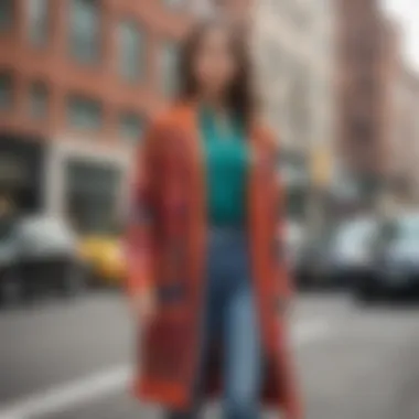 Fashionable styling of a multicolor duster cardigan in an urban setting