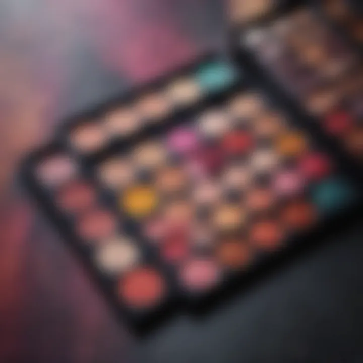 A palette displaying a variety of colorful makeup products