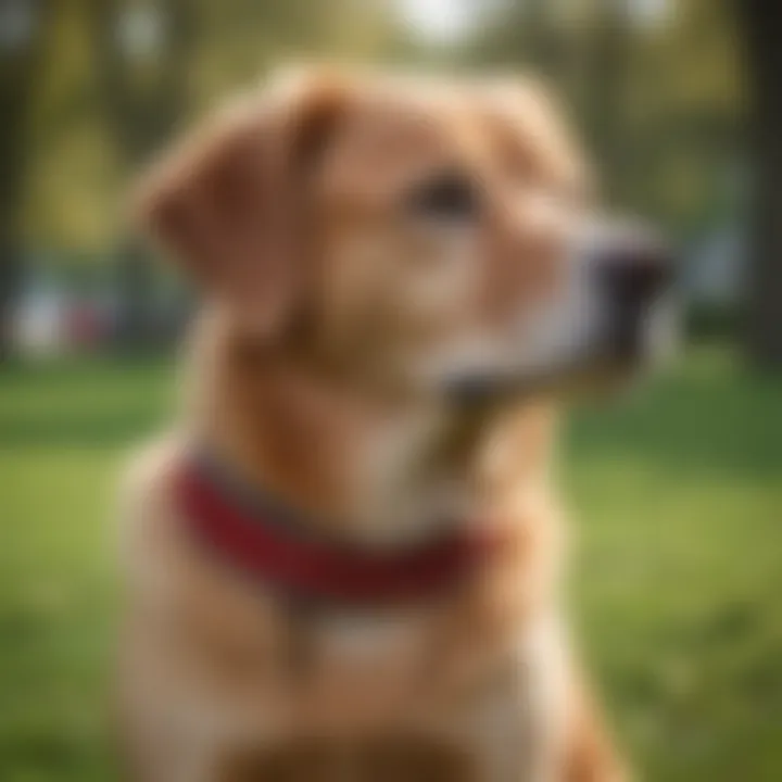 Stylish dog wearing a red rhinestone collar in a park