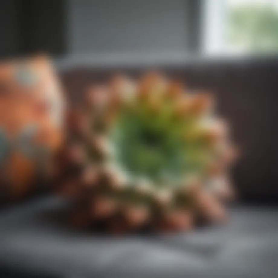 A vibrant succulent-shaped pillow resting on a modern sofa.
