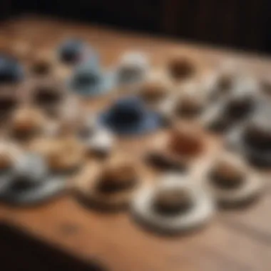 Variety of packable fedora sun hats displayed on a wooden table