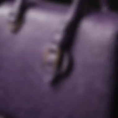 Close-up of the unique texture and craftsmanship of a small purple handbag