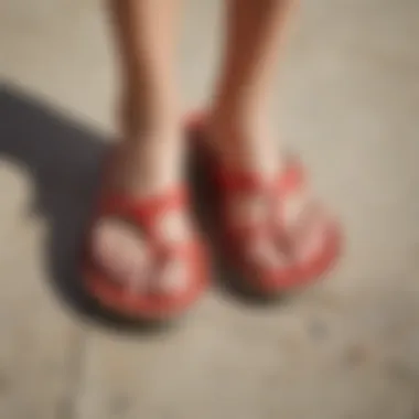 Close-up of toe cushions placed inside flip flops for enhanced comfort