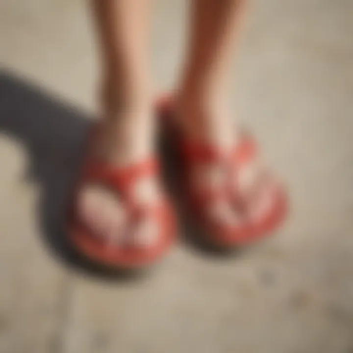 Close-up of toe cushions placed inside flip flops for enhanced comfort