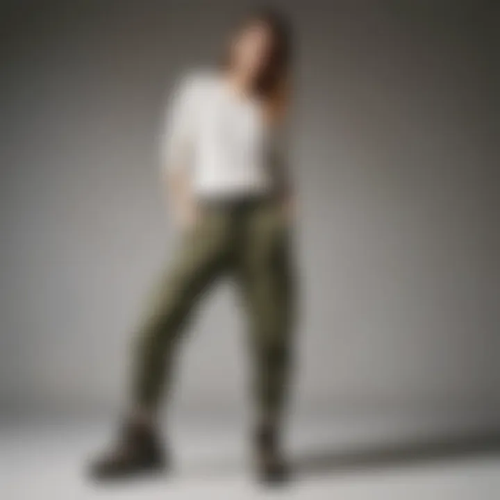 A model styled in drop crotch cargo pants demonstrating versatility